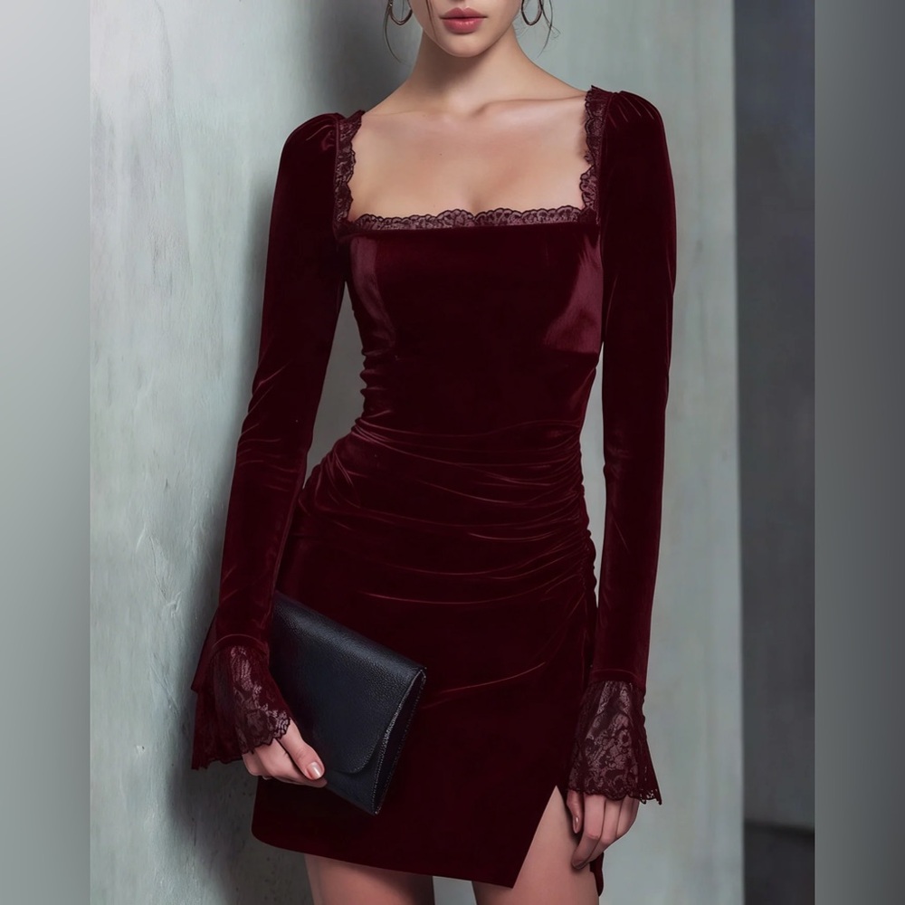 Rihoas Wine Red Velour Square Neck Mini Dress